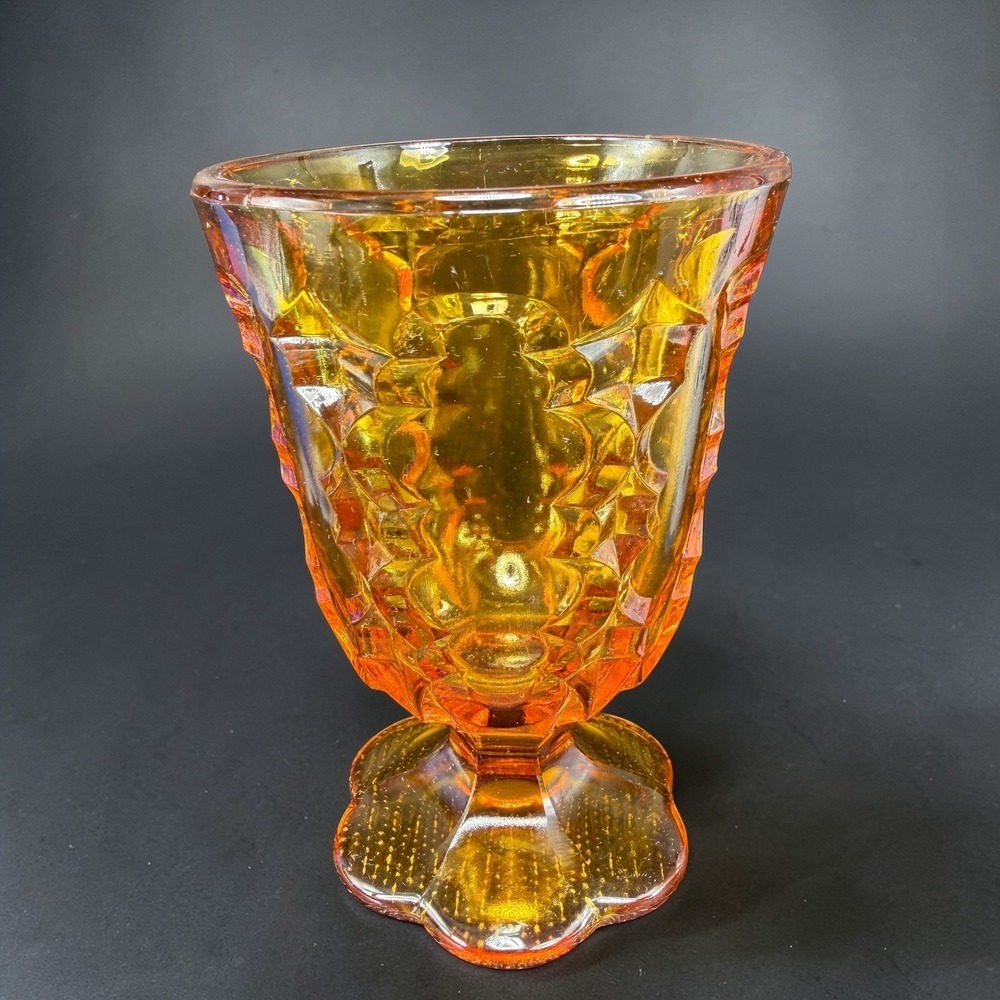 Vintage Amber Glass Goblet Diamond Starburst Footed Water Glass Cup VTG Decor‎
